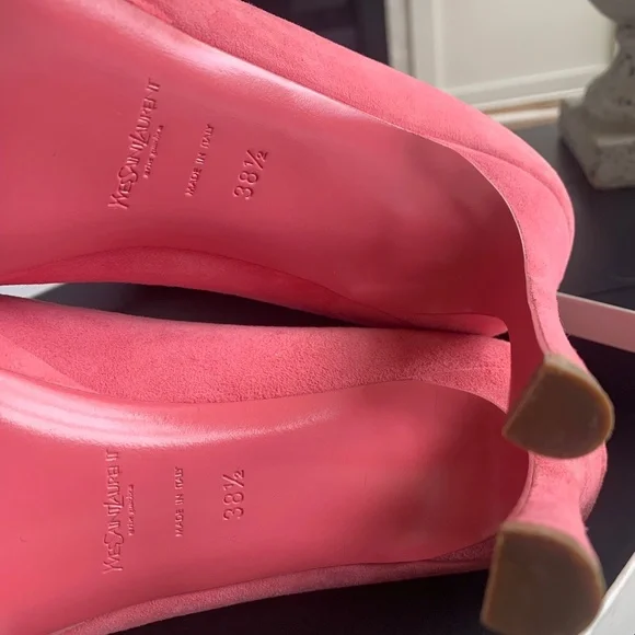 Yves Saint Laurent YSL Palais 80 Suede Sugar Pink Peep-ToePumps size 38.5